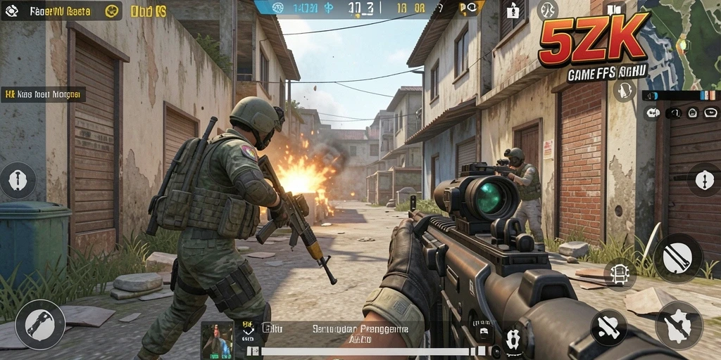 Screenshot gameplay 5ZK menunjukkan aksi menembak yang intens dan grafis yang luar biasa.