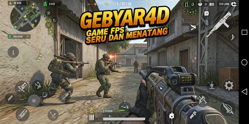 Tampilan screenshot utama GEBYAR4D menampilkan aksi permainan FPS yang intens.