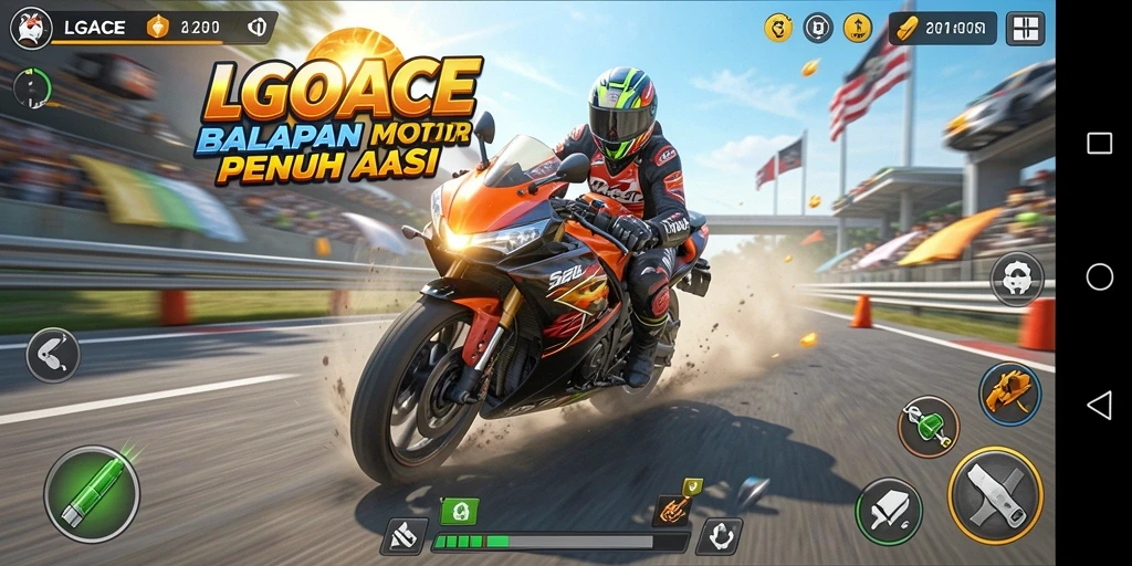 Tampilan gameplay seru di LGOACE dengan balapan motor yang cepat.