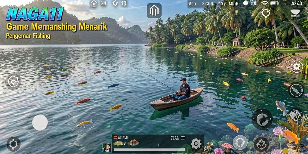 Screenshot utama NAGA11 menampilkan aksi memancing yang seru dengan ikan berwarna-warni.