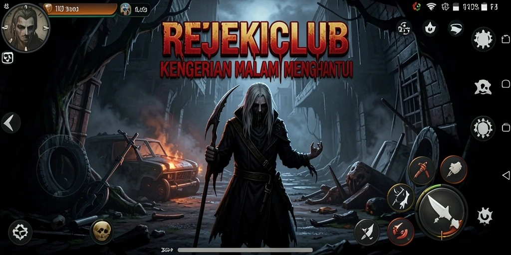 Screenshot gameplay yang menampilkan suasana mencekam di REJEKICLUB.
