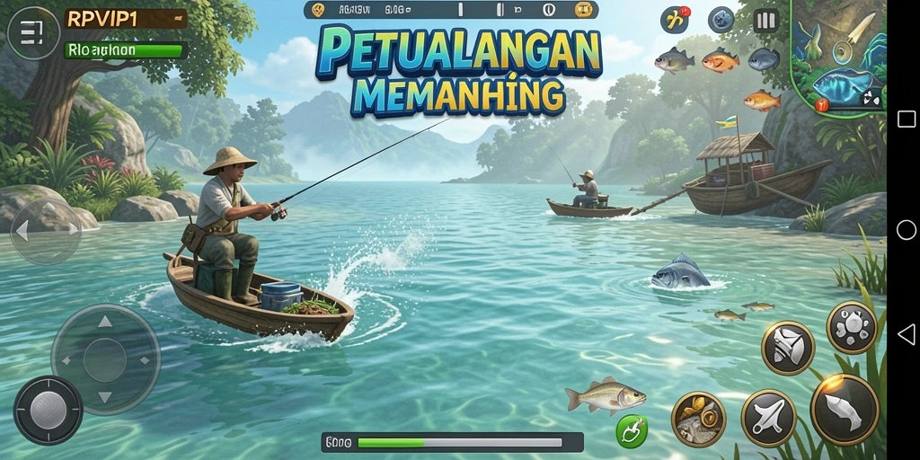 Screenshot RPVIP1 menampilkan pengalaman memancing yang mendebarkan dan visual menawan.