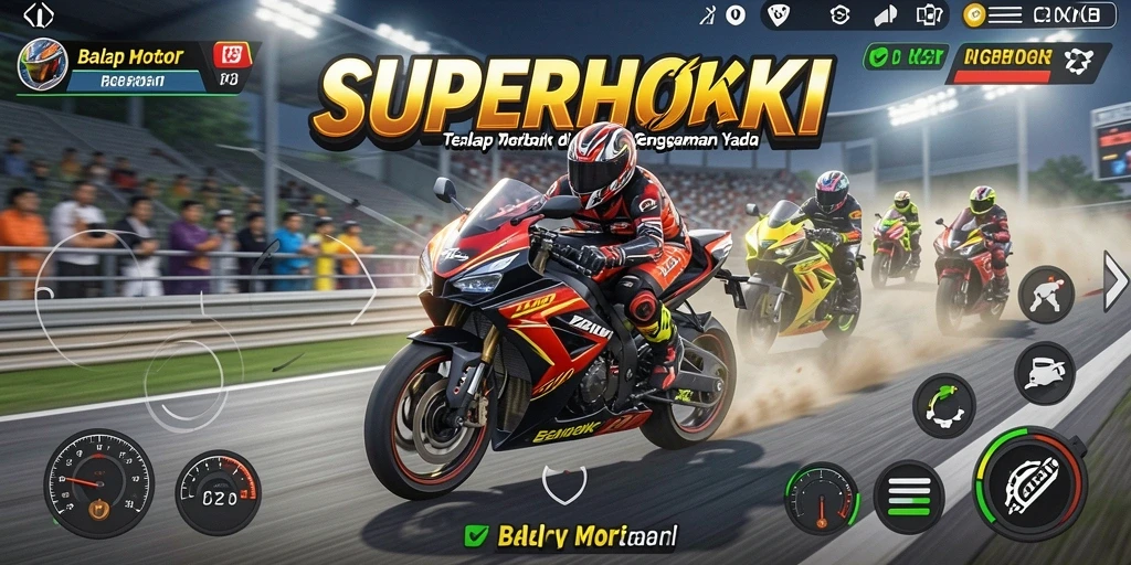 Gameplay SUPERHOKI yang seru dan mendebarkan dengan balapan motor.