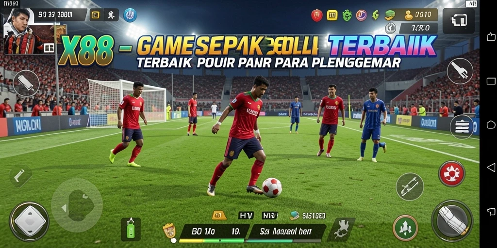 Tampilan gameplay X88 dengan aksi sepak bola yang mendebarkan.